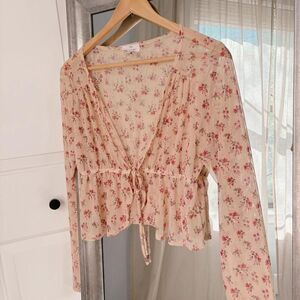 Live in the Moment | size L | sheer mesh pink floral blouse